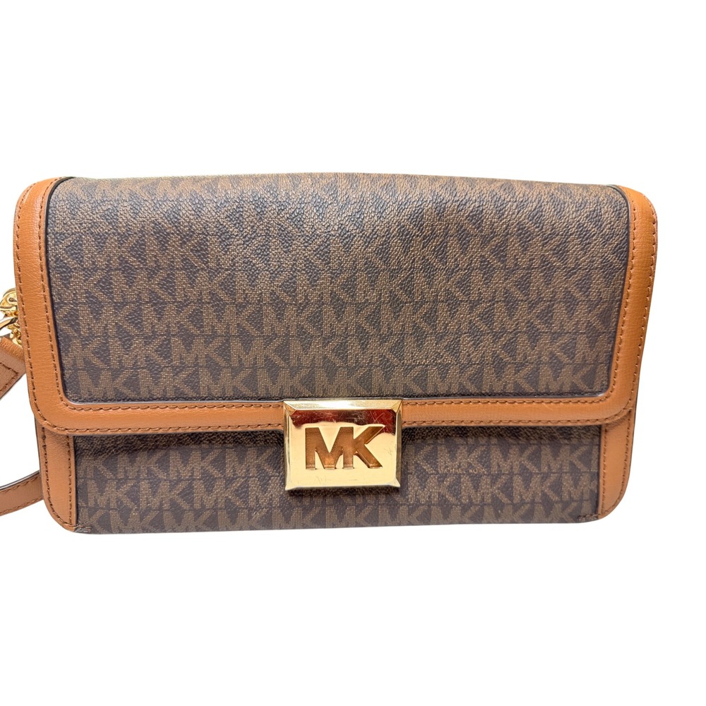 Michael Kors Brown Signature Monogram Crossbody Bag Gold Hardware Flap Purse
